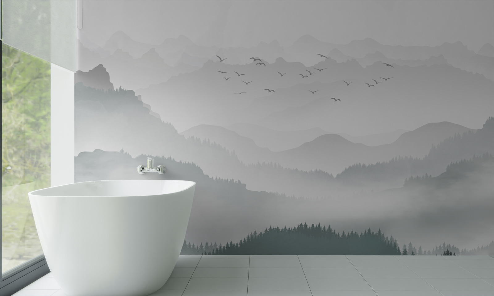 Papier peint un brouillard épais recouvre les sommets rocheux