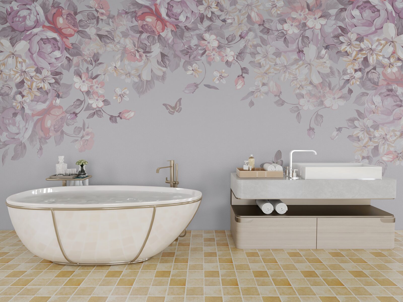 Papier peint un jardin où fleurissent les fleurs et les papillons