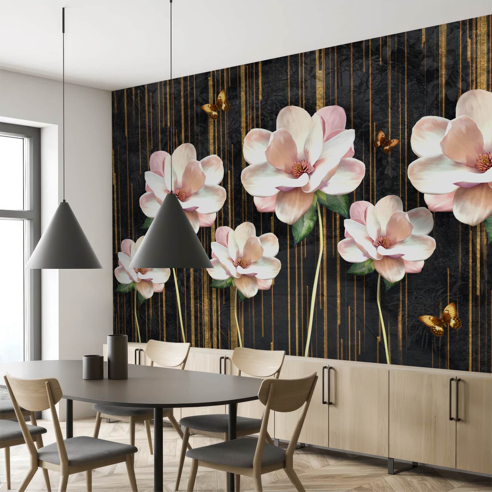 Papier peint papillons et fleurs sur fond noir et or