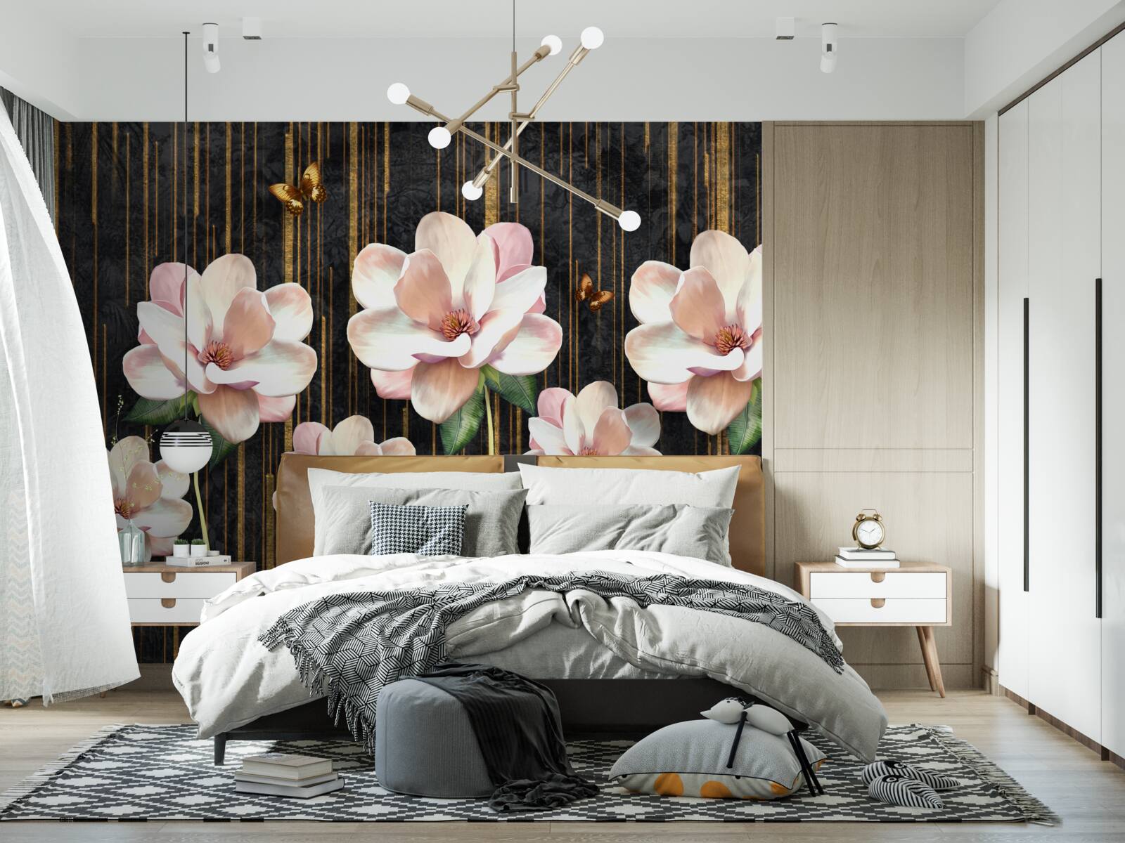 Papier peint papillons et fleurs sur fond noir et or