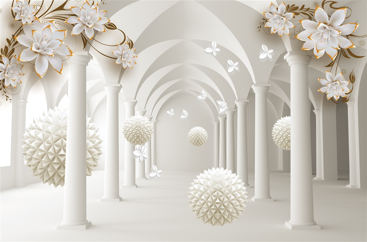 Papier peint Couloir de style gothique décoré de boules et de fleurs flottantes