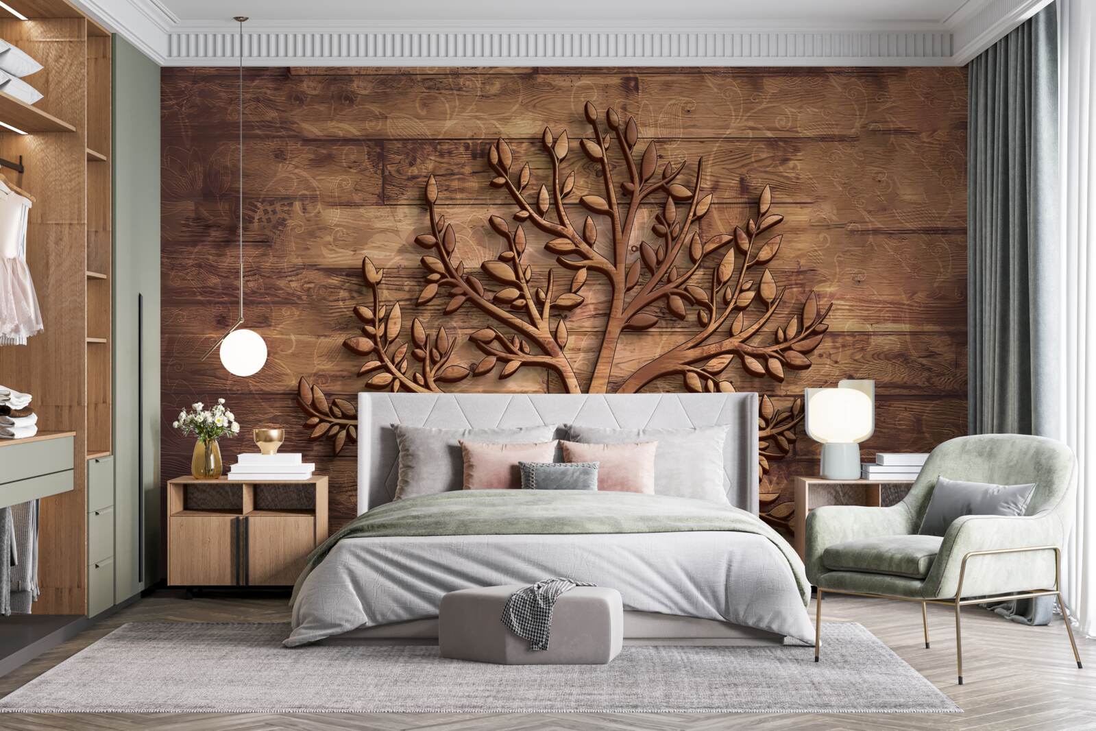 Papier peint arbre à feuilles caduques sur fond de bois