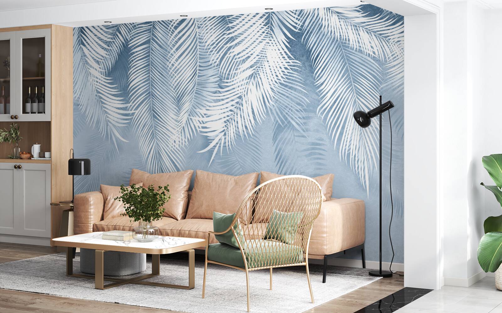 Papier peint plumes blanches et bleues sur des feuilles d'hiver