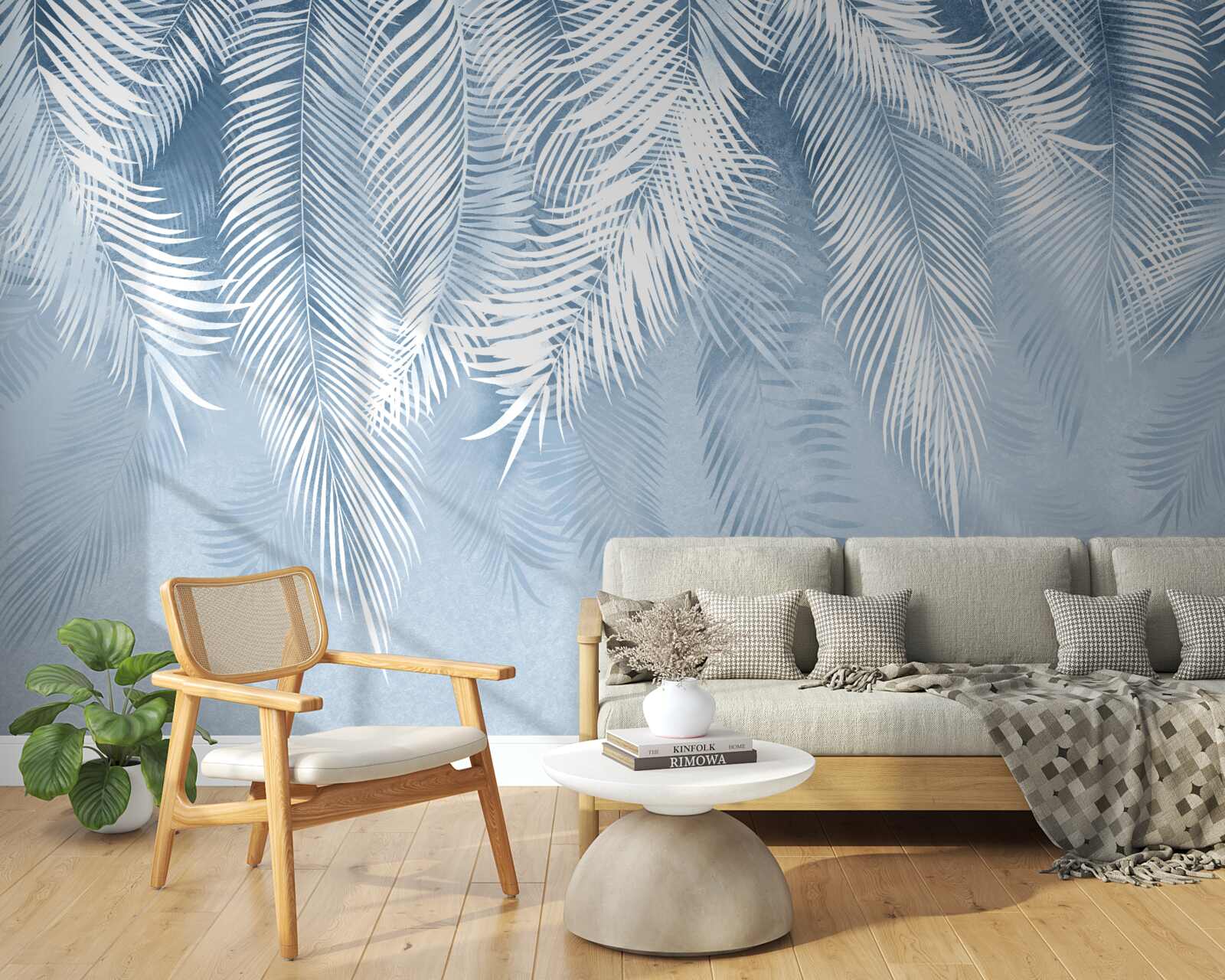 Papier peint plumes blanches et bleues sur des feuilles d'hiver