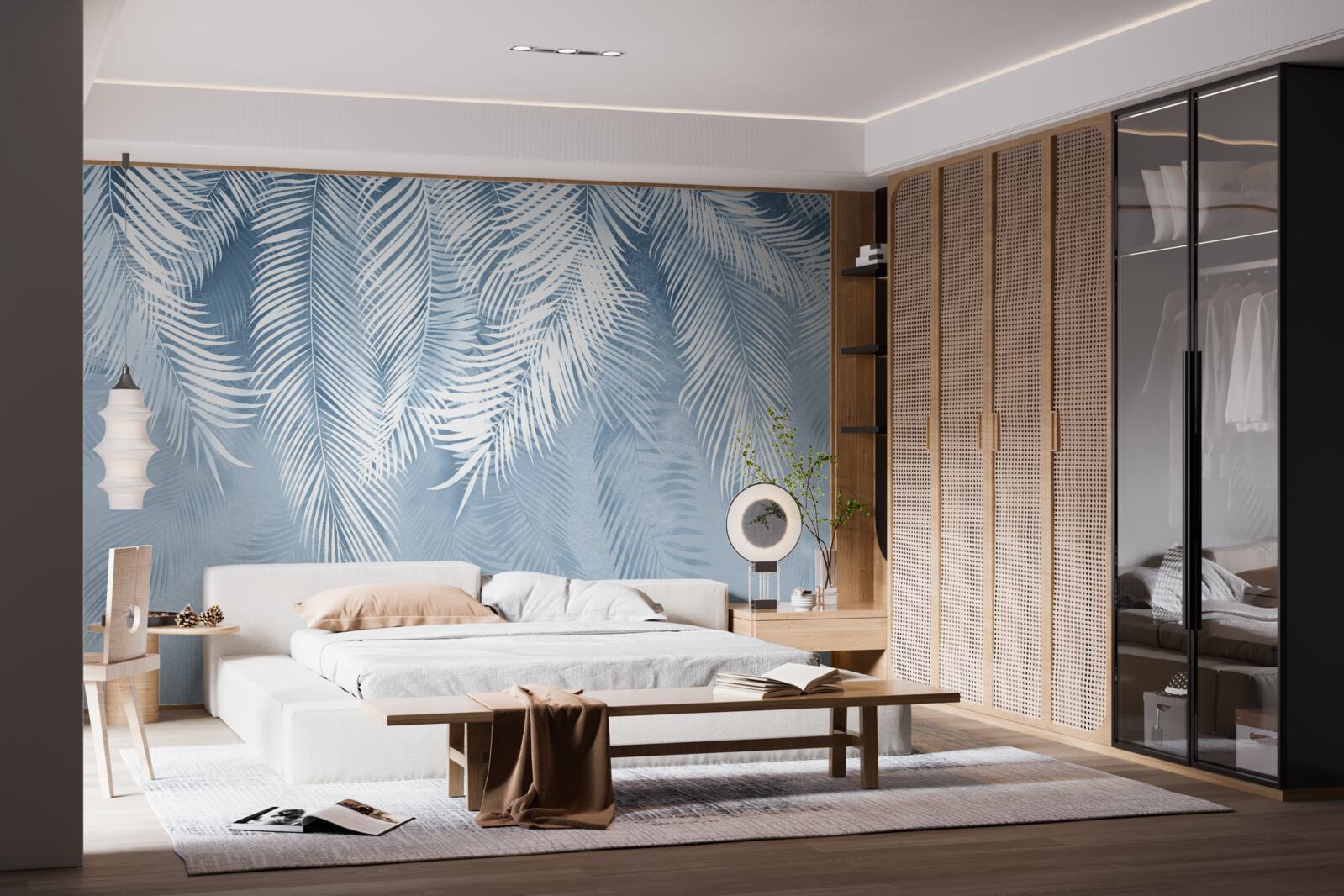 Papier peint plumes blanches et bleues sur des feuilles d'hiver