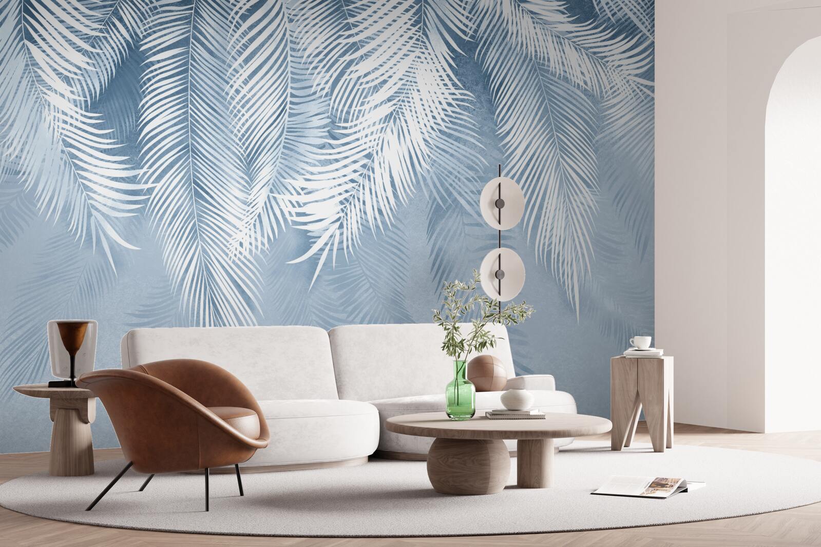 Papier peint plumes blanches et bleues sur des feuilles d'hiver