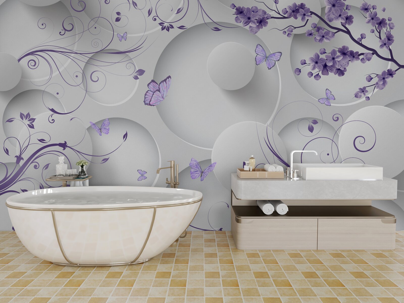Papier peint papillons et fleurs violettes