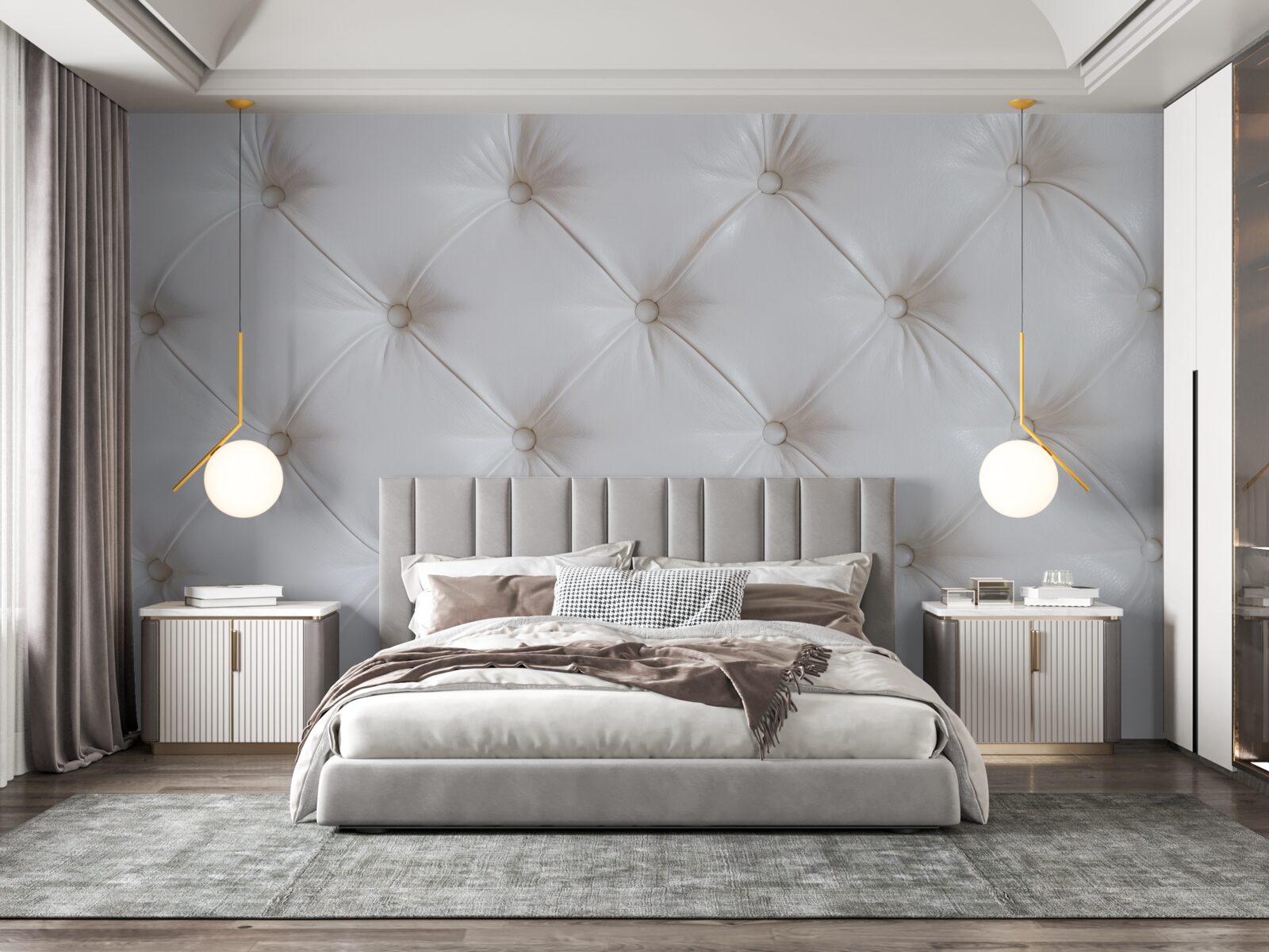 Papier peint sellerie en cuir blanc avec décorations en strass