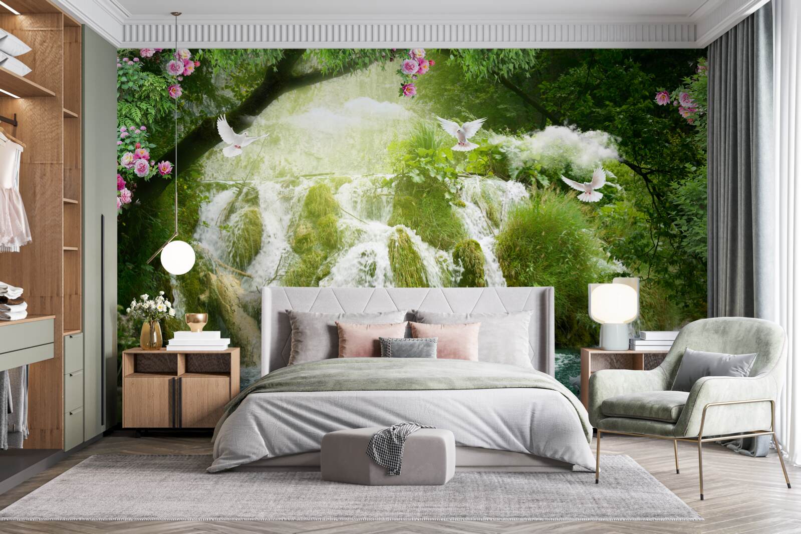 Papier peint eau tombant d'une cascade forestière