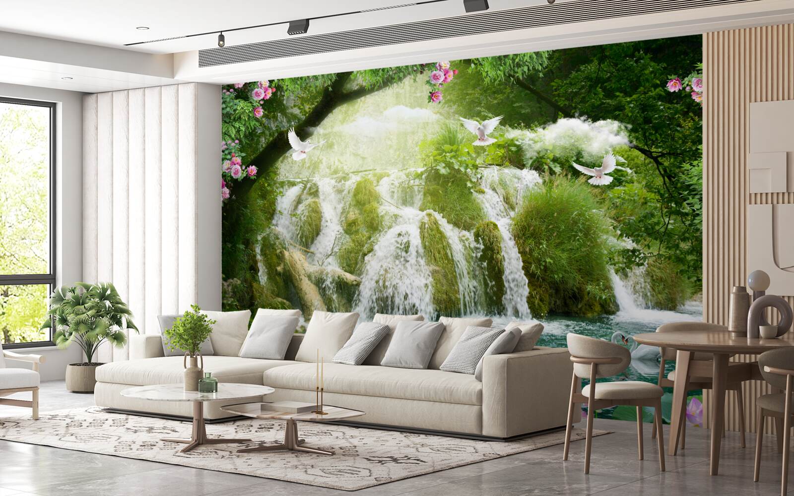 Papier peint eau tombant d'une cascade forestière