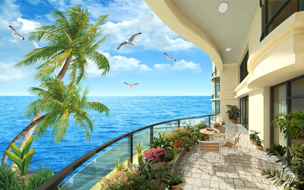 Papier peint terrasse avec vue sur l'océan