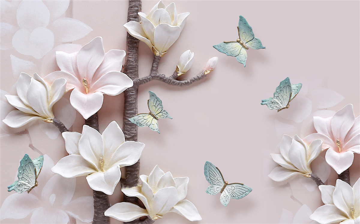 Papier peint papillons bleus et fleurs blanches