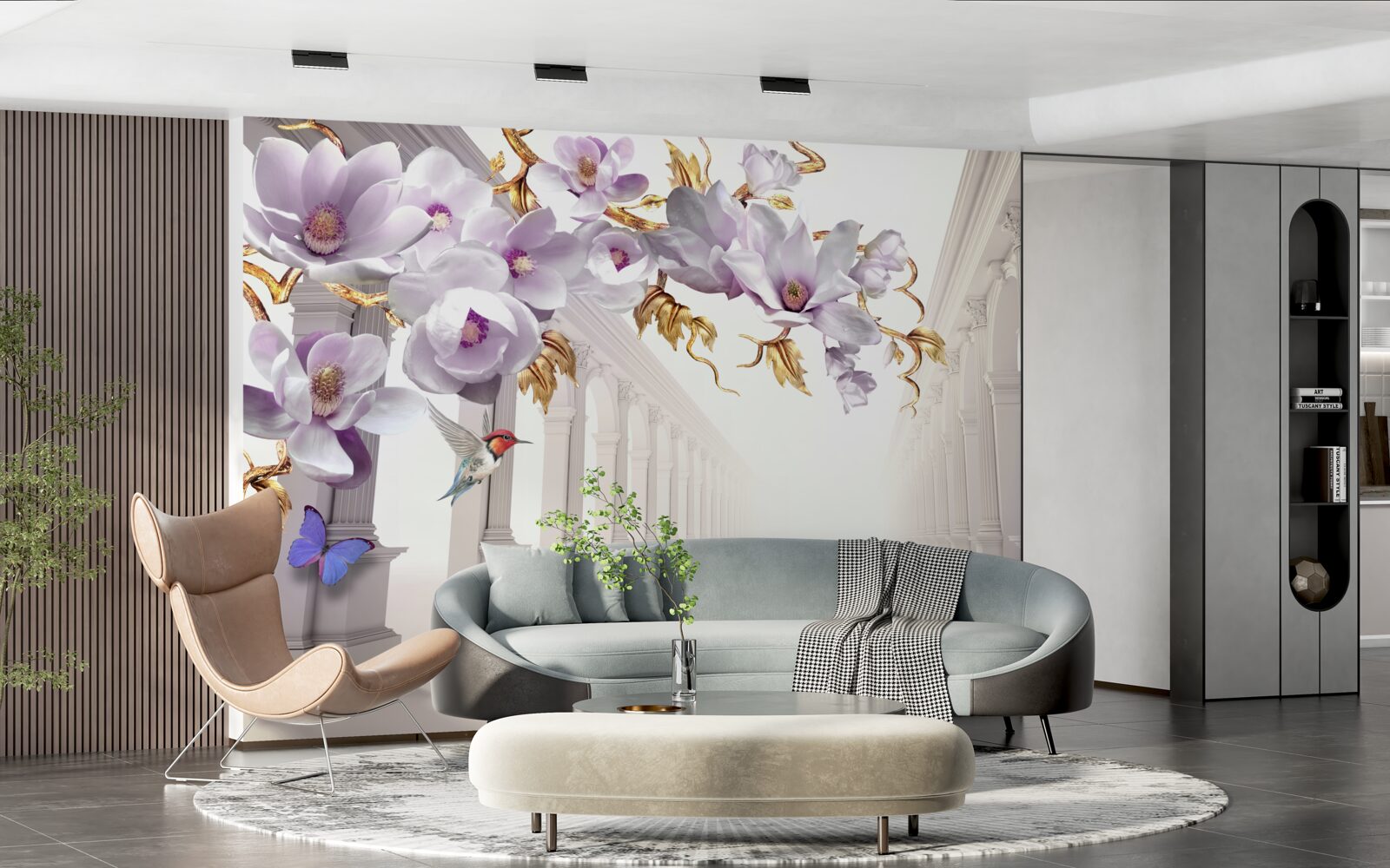 Papier peint tunnel sans fin décoré de fleurs et de papillons lumineux