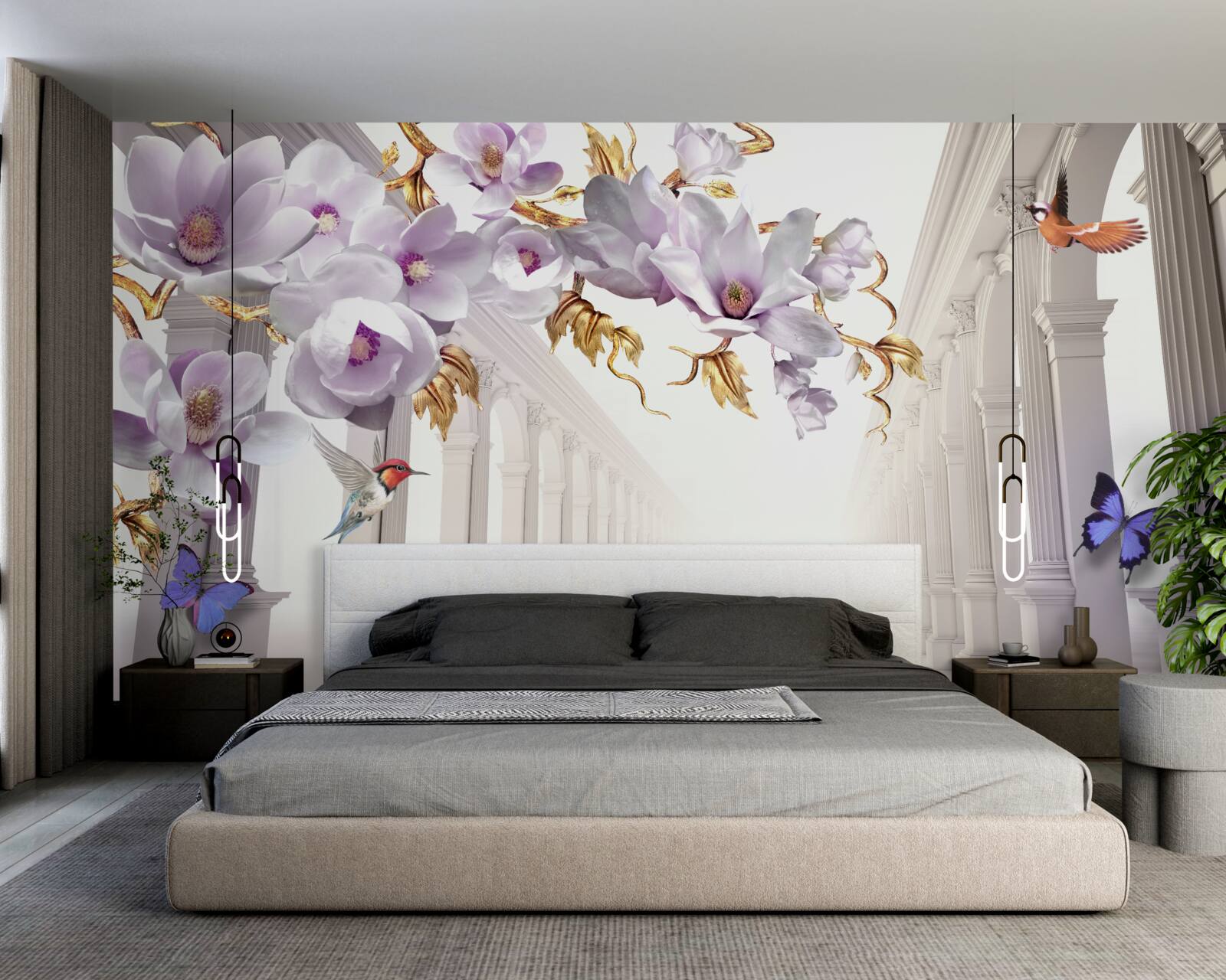 Papier peint tunnel sans fin décoré de fleurs et de papillons lumineux