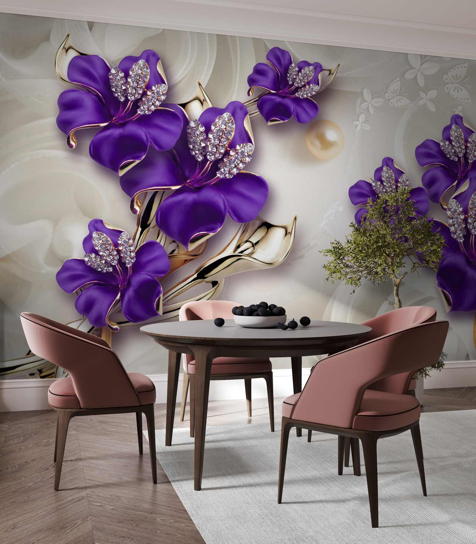 Papier peint branches de lys en bleu avec décorations en perles