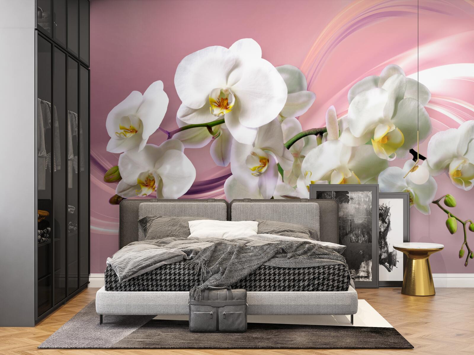 Papier peint grandes orchidées blanches sur fond rose