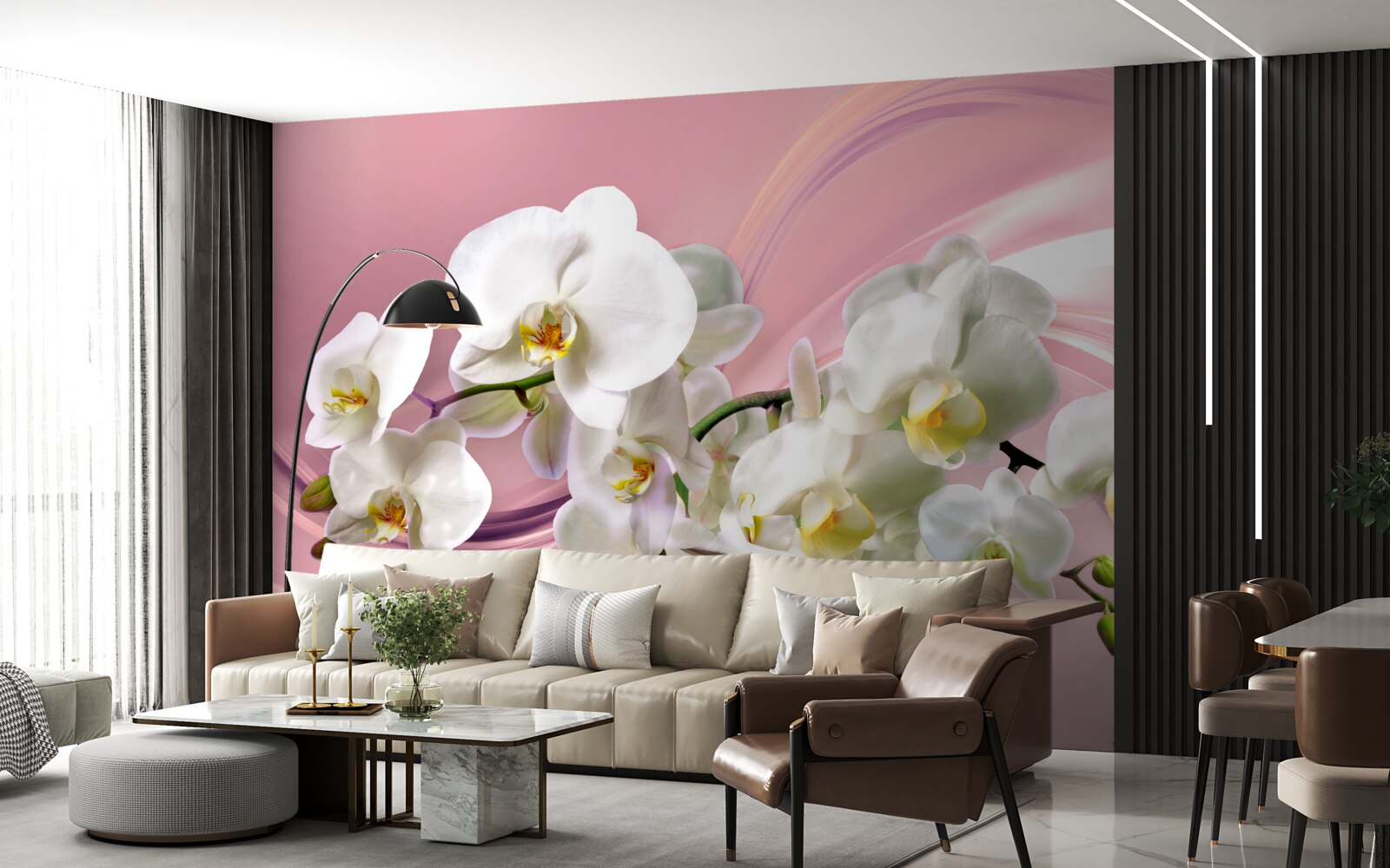 Papier peint grandes orchidées blanches sur fond rose