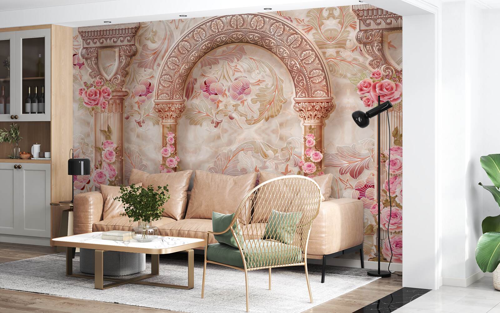 Papier peint Arche décorée de fleurs roses