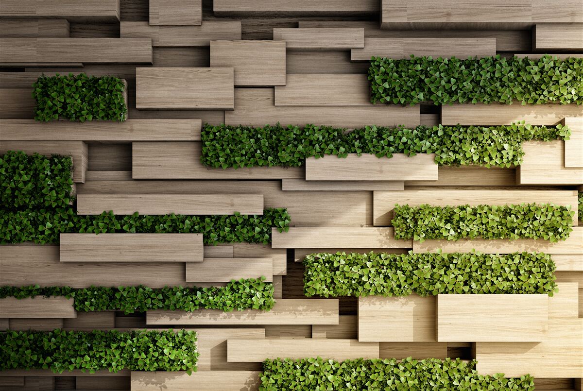 Papier peint mur en pierre avec plantes vertes