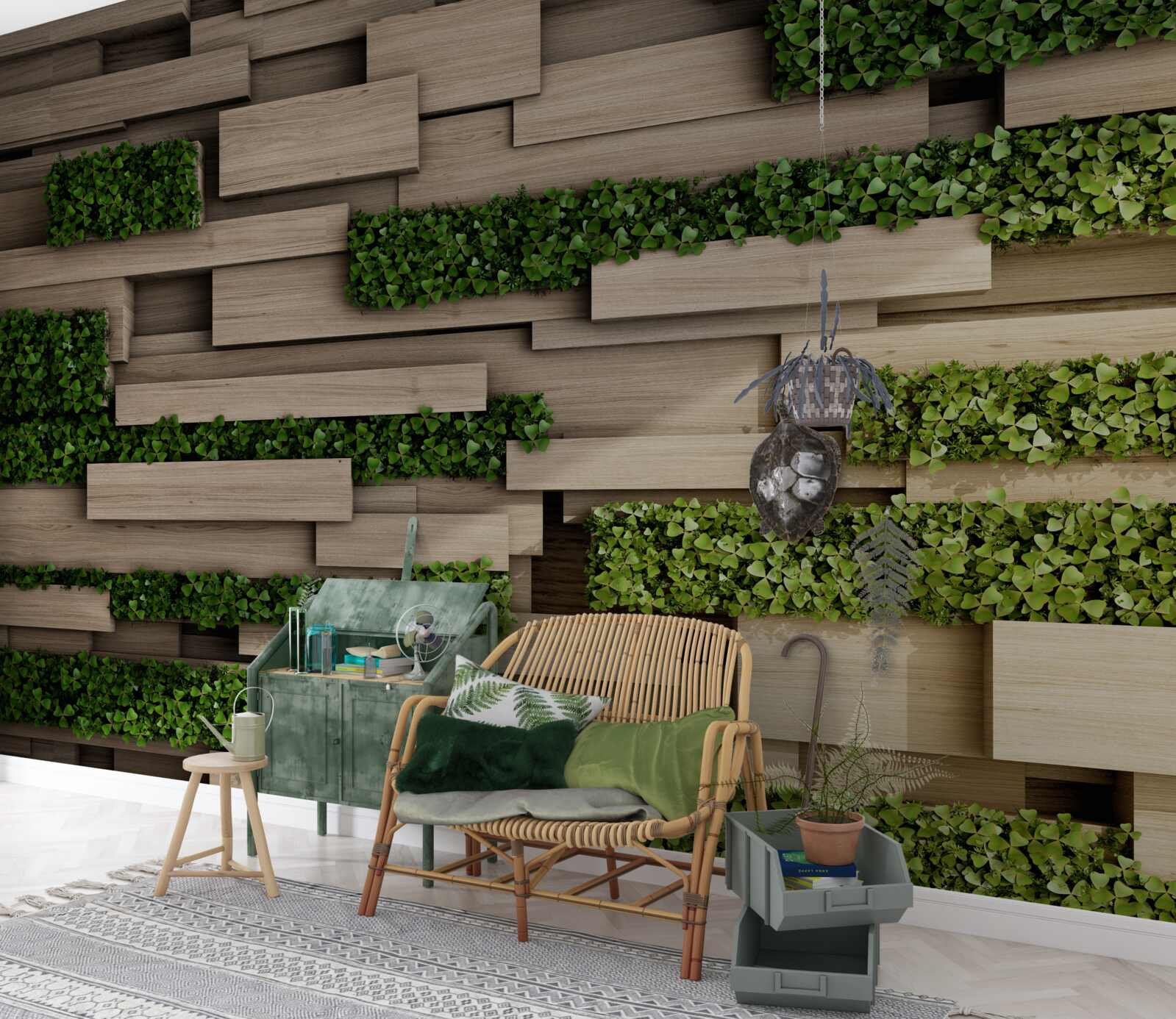 Papier peint mur en pierre avec plantes vertes