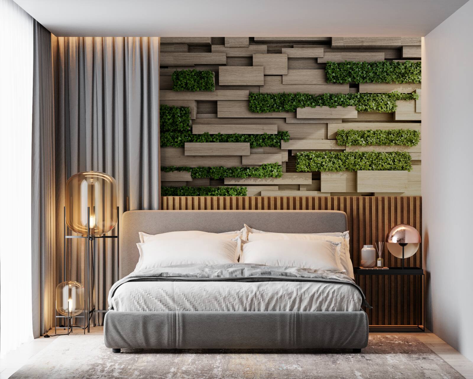 Papier peint mur en pierre avec plantes vertes