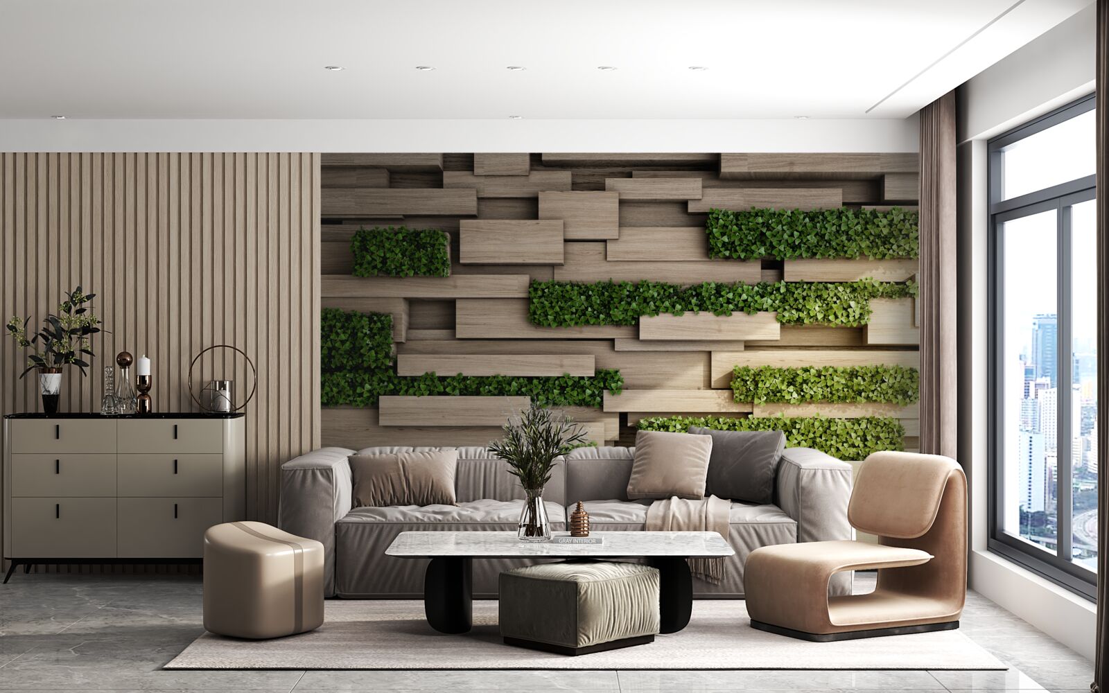 Papier peint mur en pierre avec plantes vertes