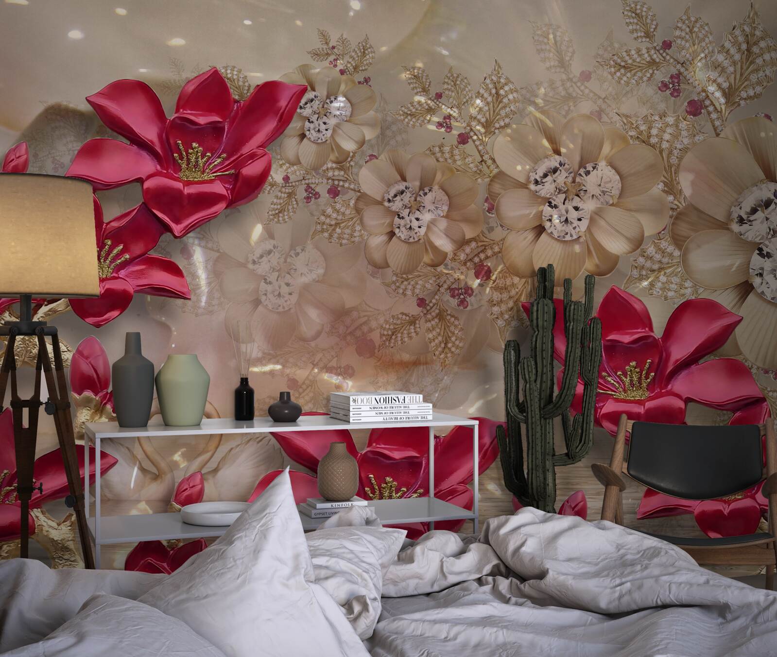 Papier peint les branches rouges sont décorées d'or et de perles