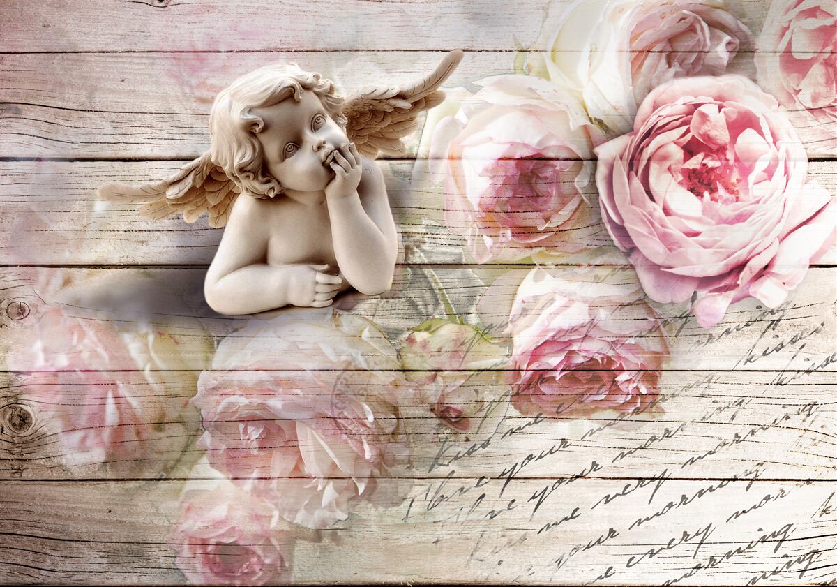 Papier peint ange réfléchissant et boutons de roses écarlates