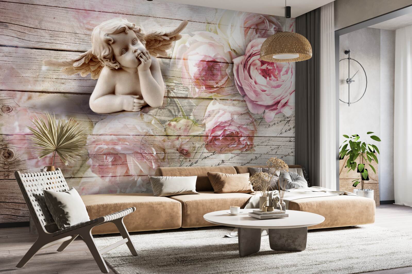 Papier peint ange réfléchissant et boutons de roses écarlates