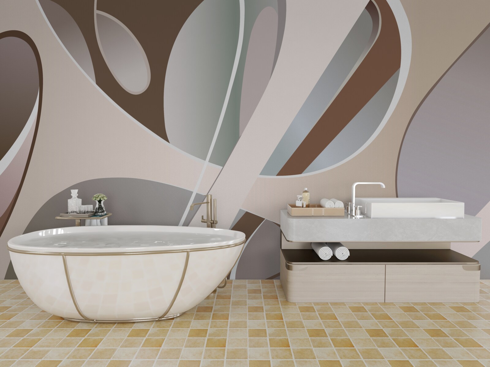 Papier peint courbes abstraites en beige