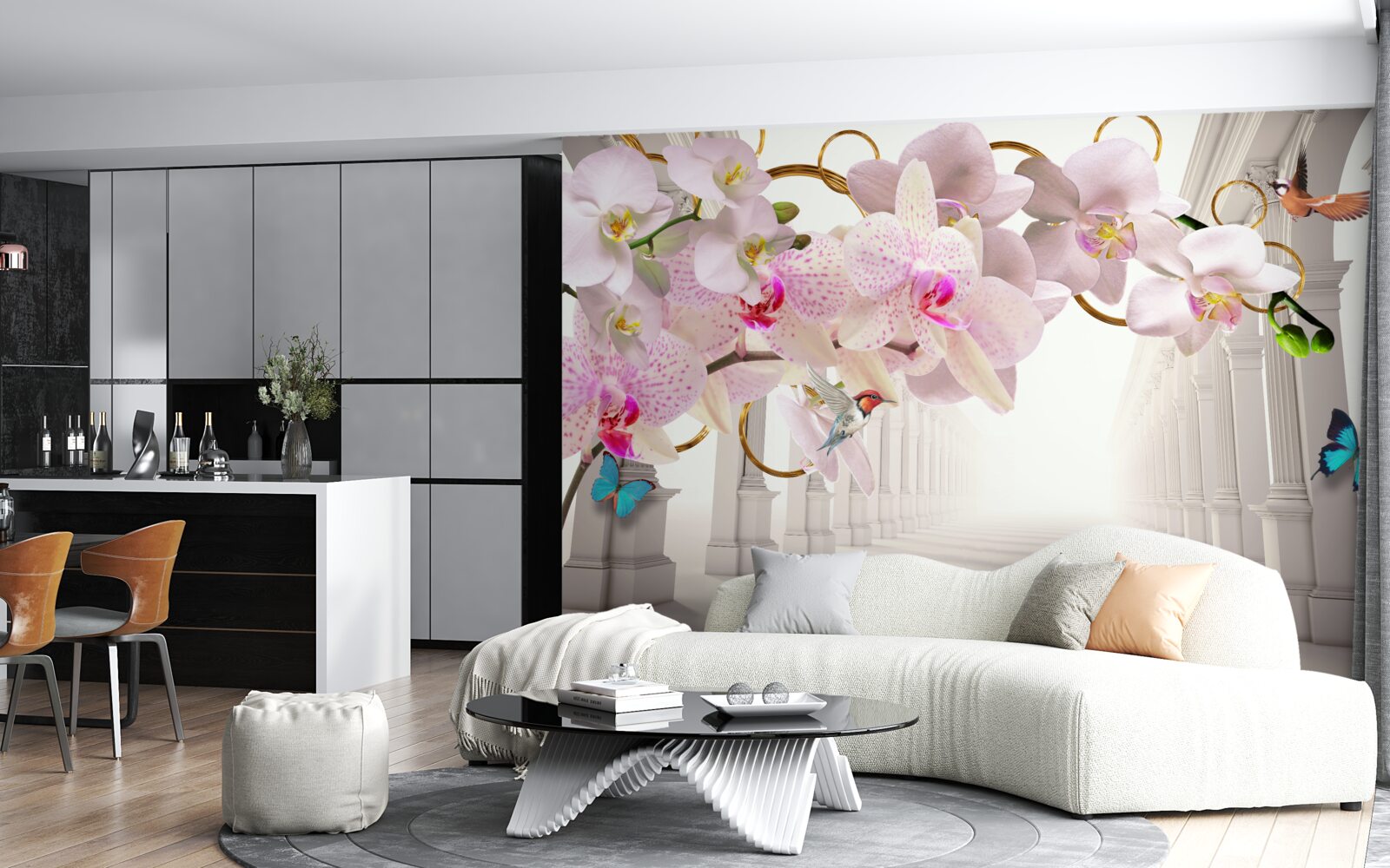 Papier peint les arches blanches sont décorées d'orchidées et de papillons