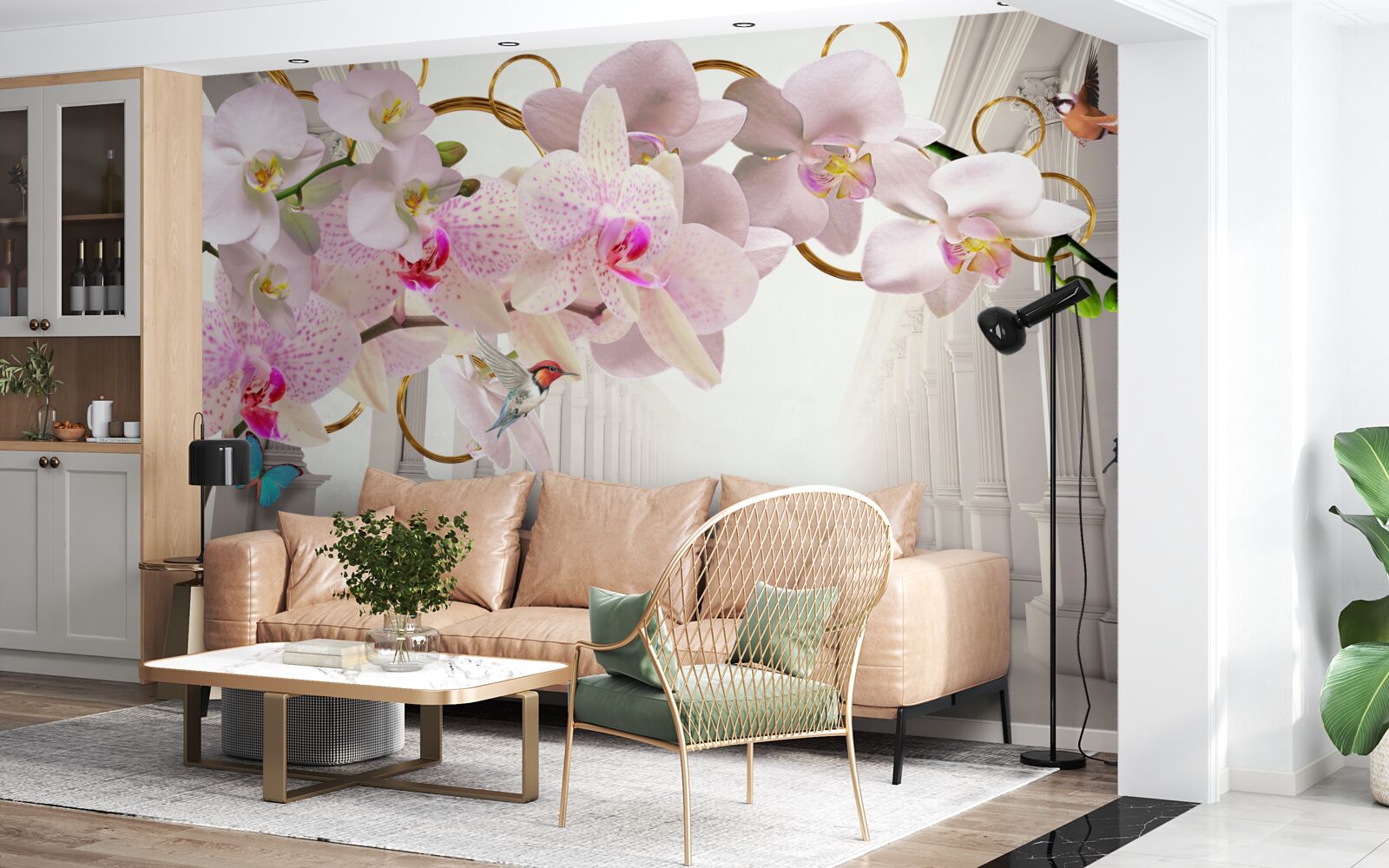 Papier peint les arches blanches sont décorées d'orchidées et de papillons