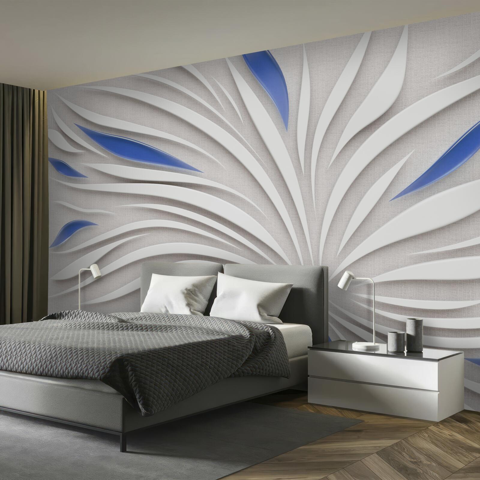 Papier peint fleur blanche abstraite avec pétales bleus
