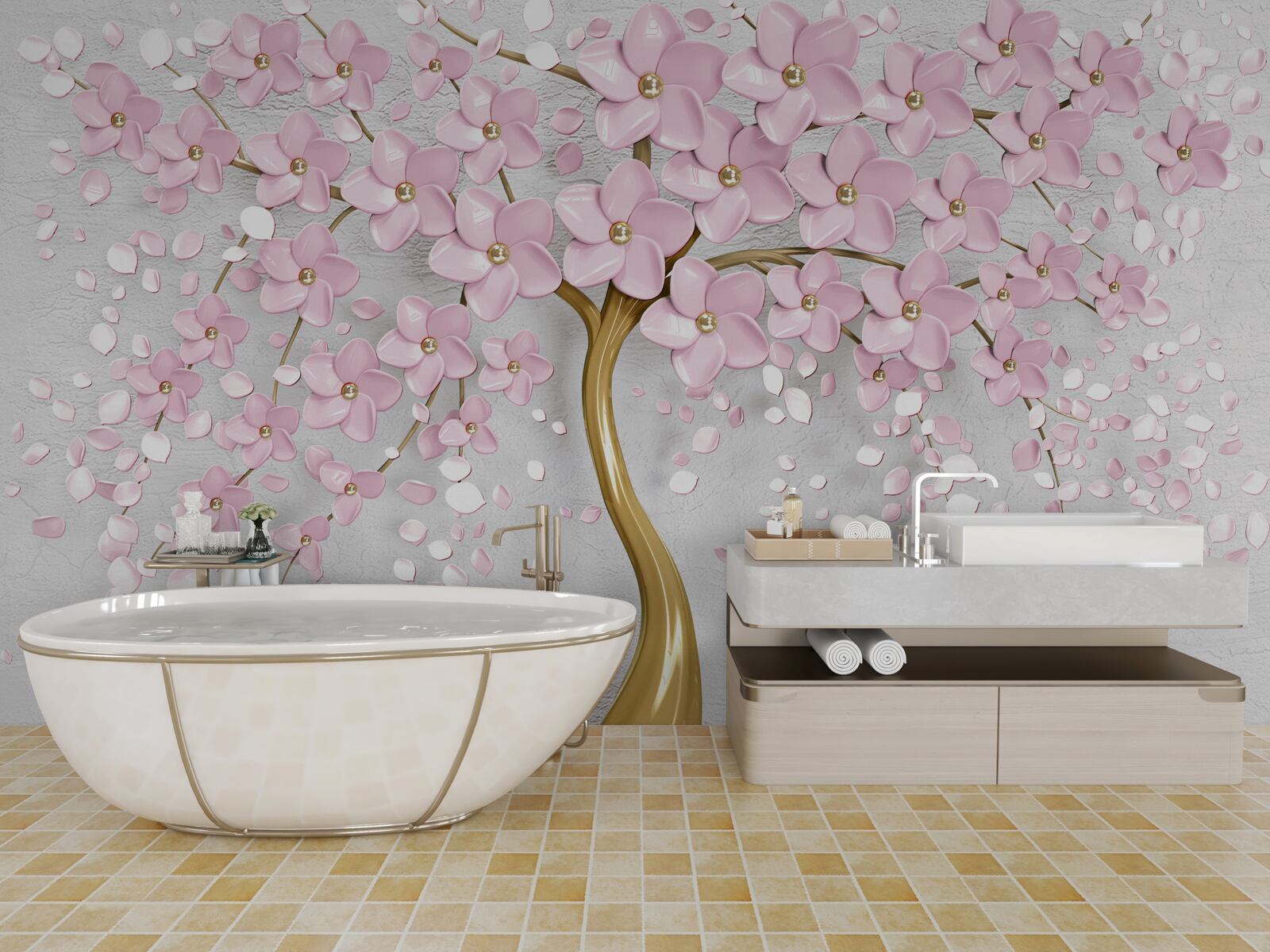 Papier peint arbre à fleurs avec des branches en surplomb