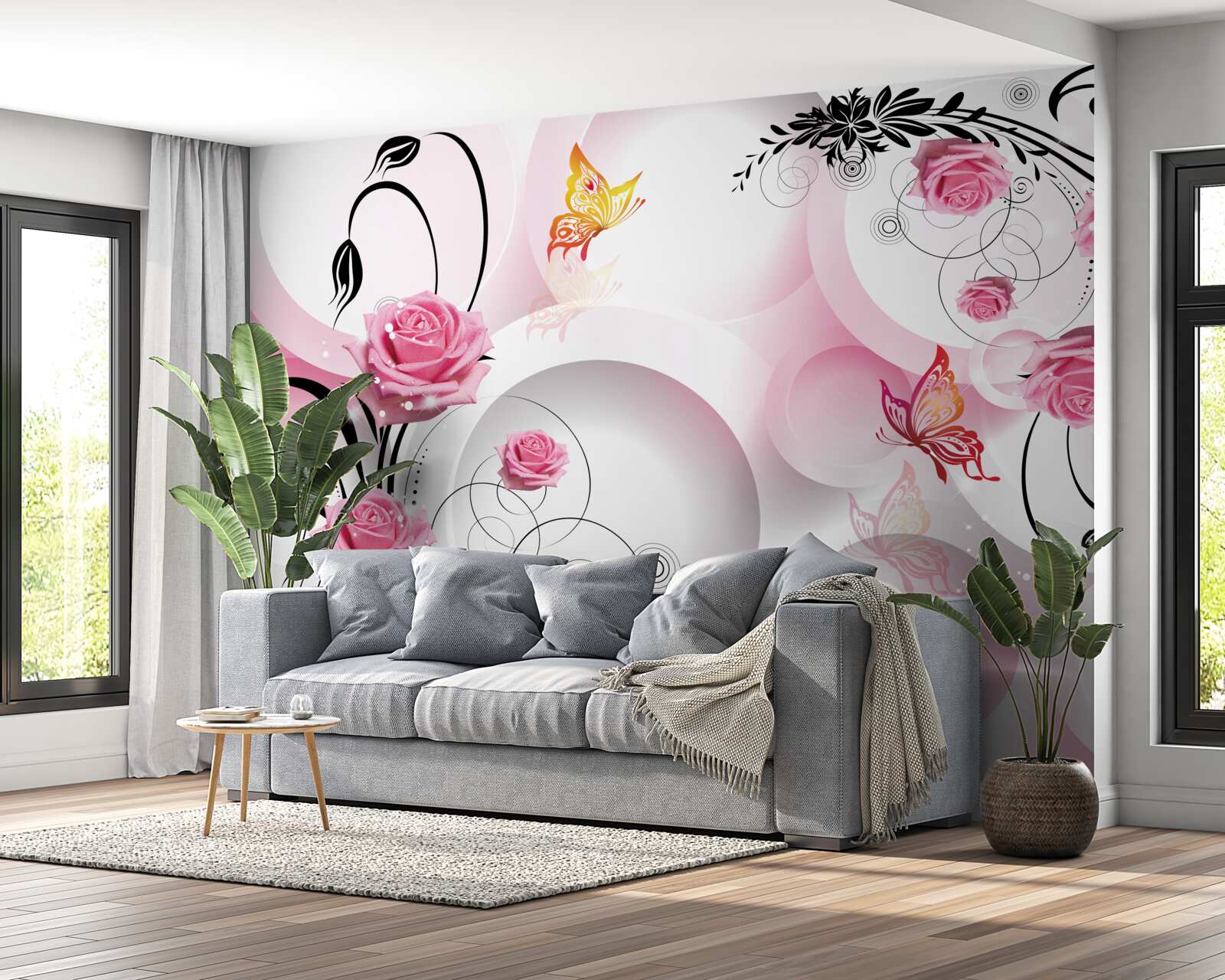 Papier peint bourgeons roses avec branches noires