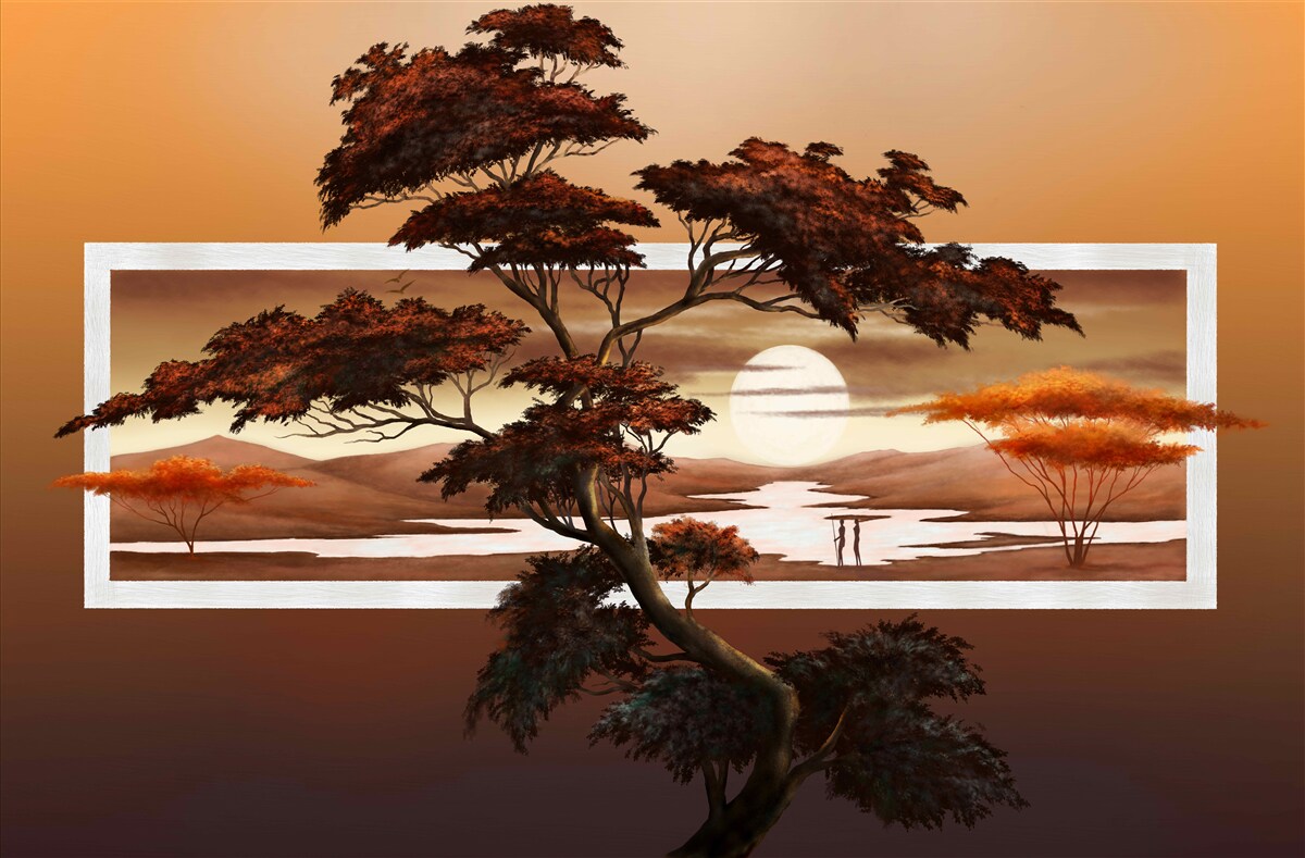 Papier peint Le soleil se couche sur les bonsaïs