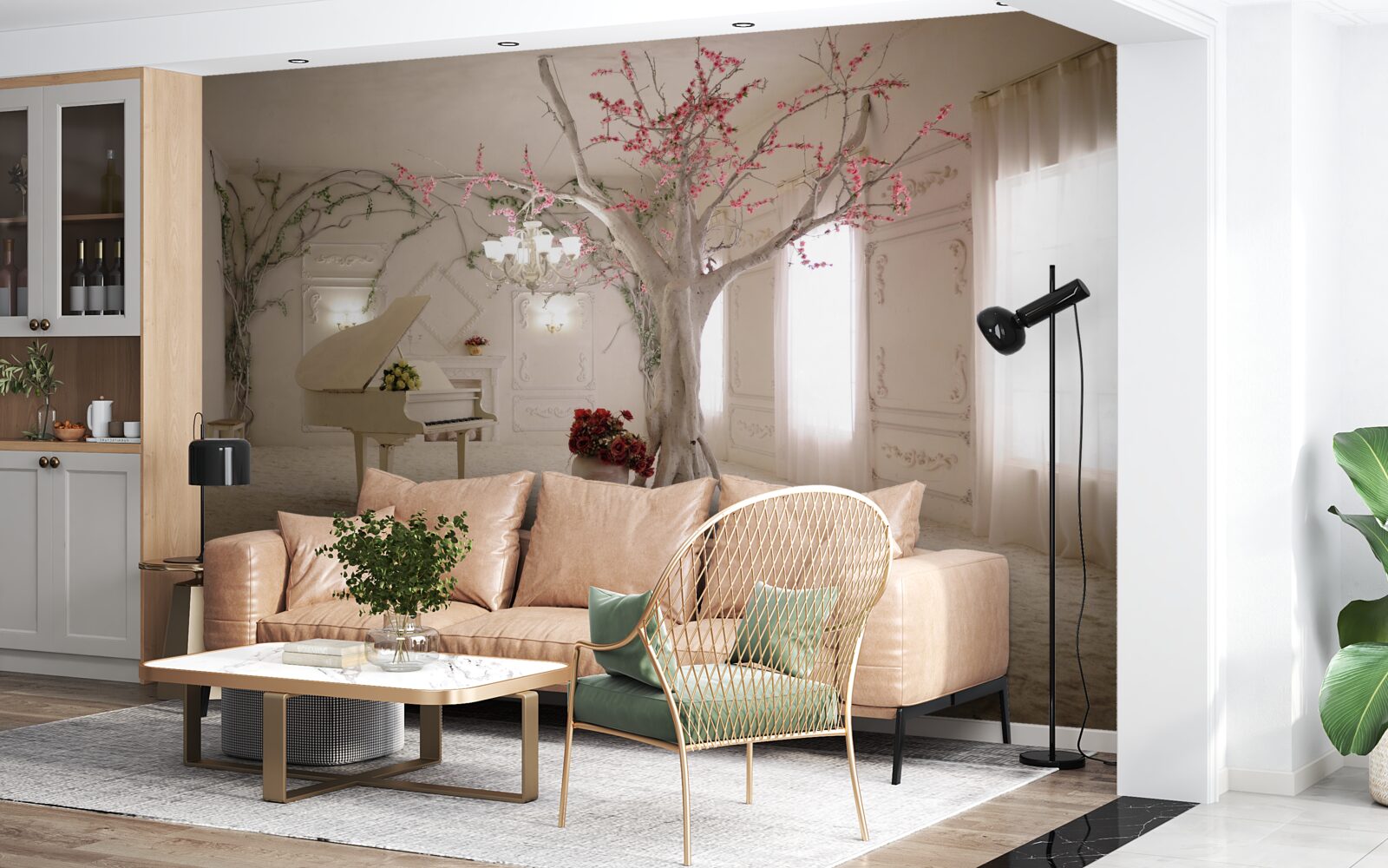 Papier peint au milieu de la pièce, il y a un piano et un arbre