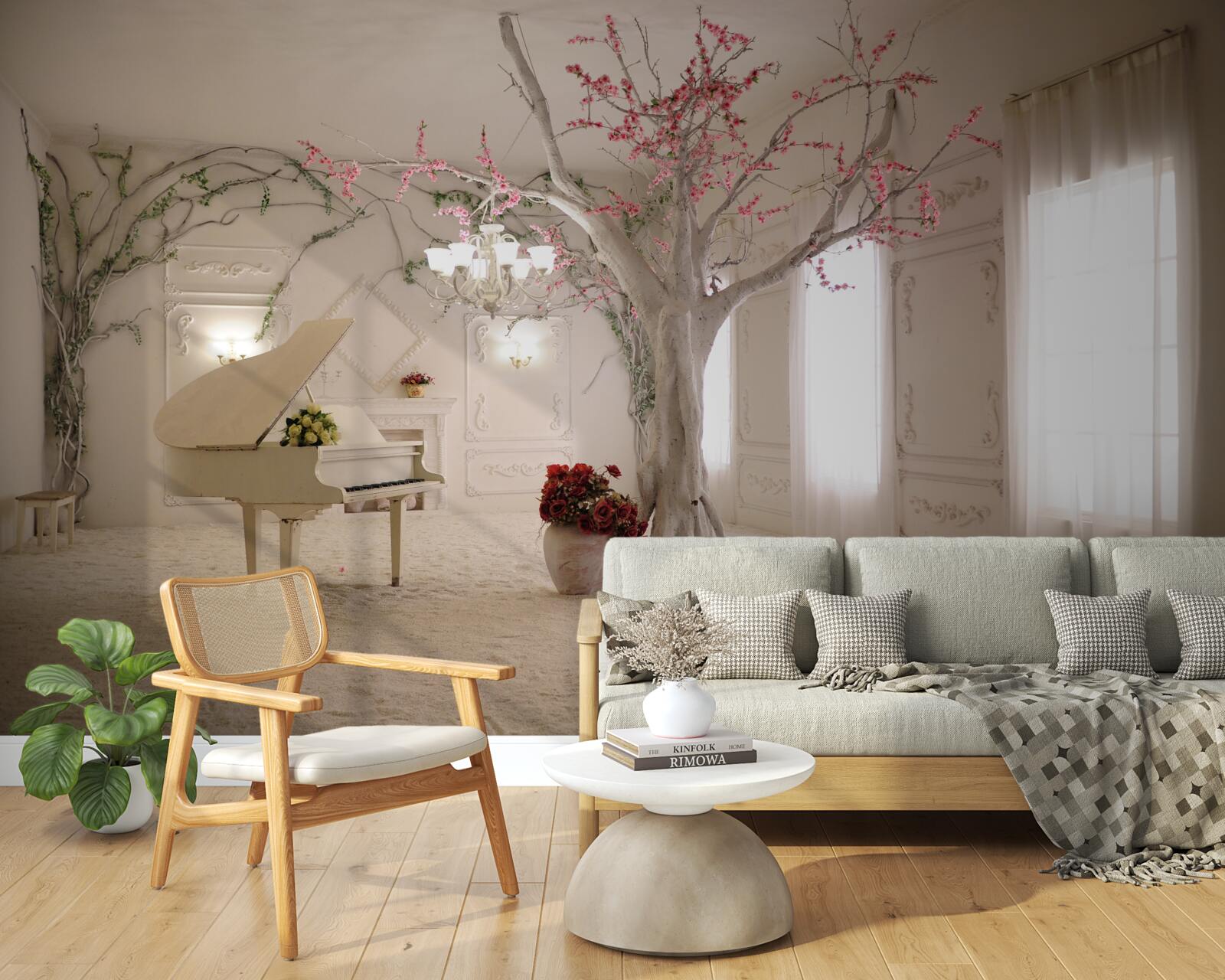 Papier peint au milieu de la pièce, il y a un piano et un arbre