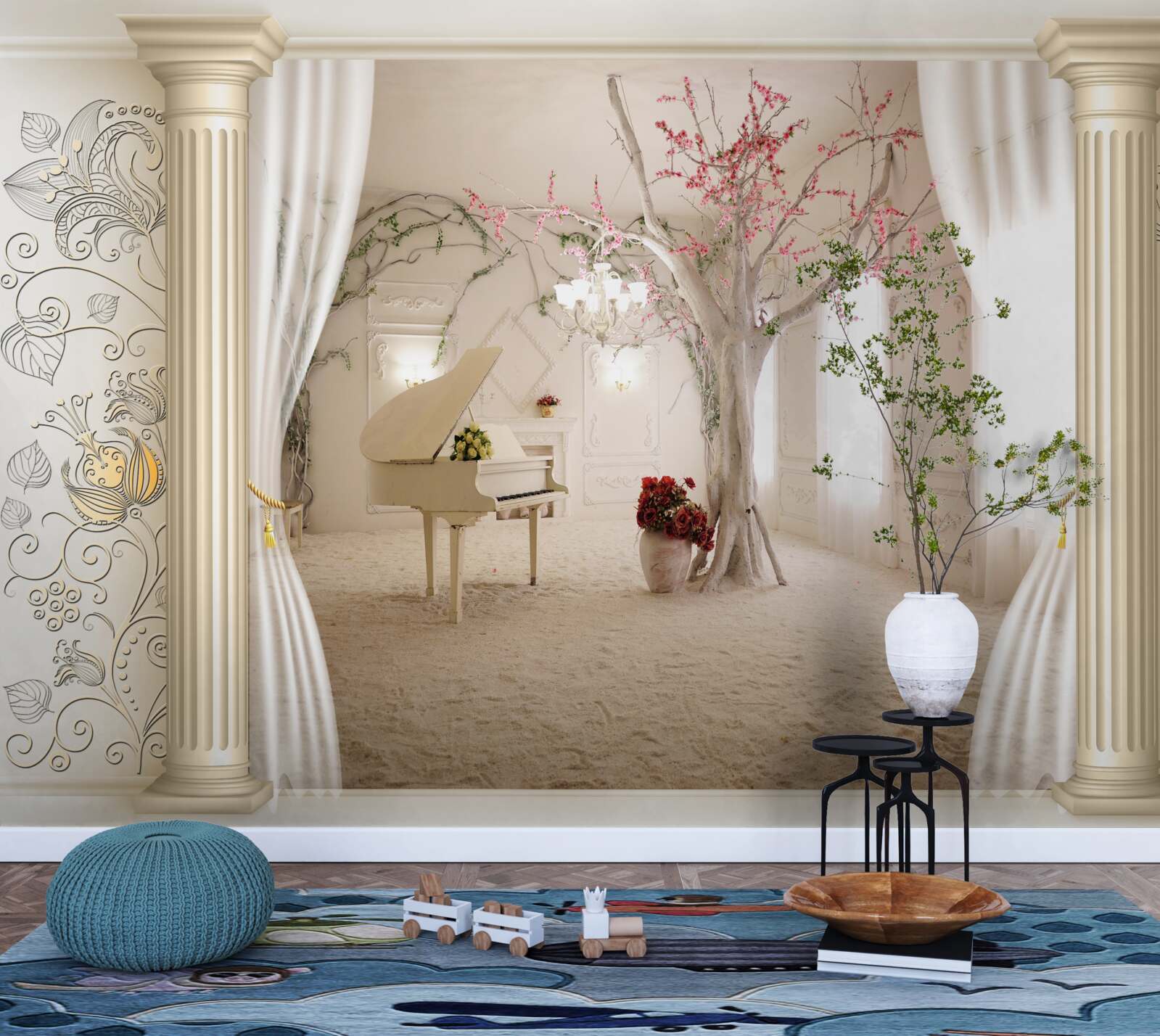 Papier peint salon confortable en bois véritable