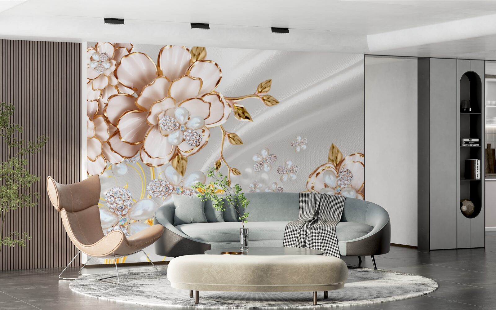 Papier peint des pivoines incrustées de perles dans des tons dorés