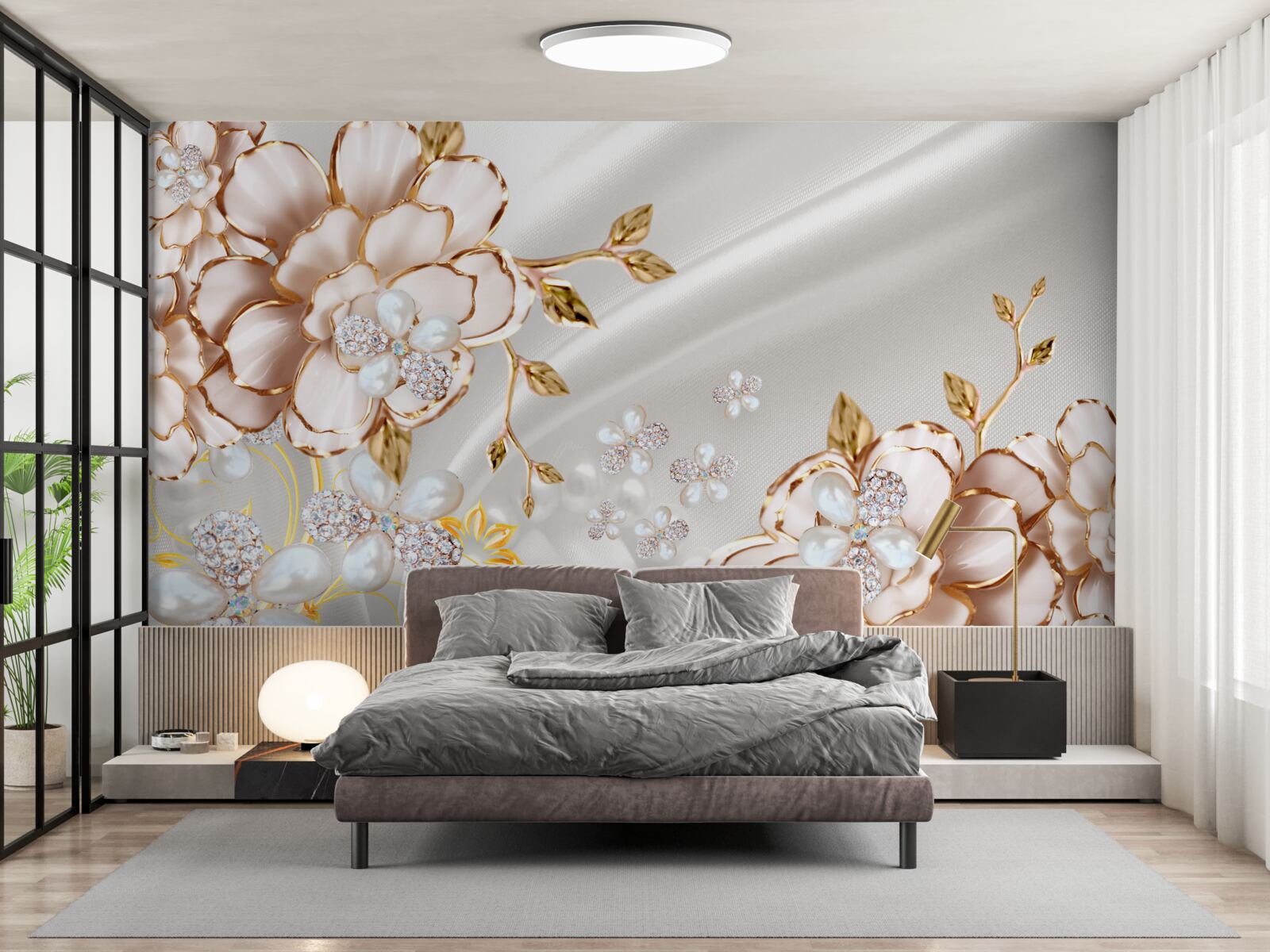 Papier peint des pivoines incrustées de perles dans des tons dorés