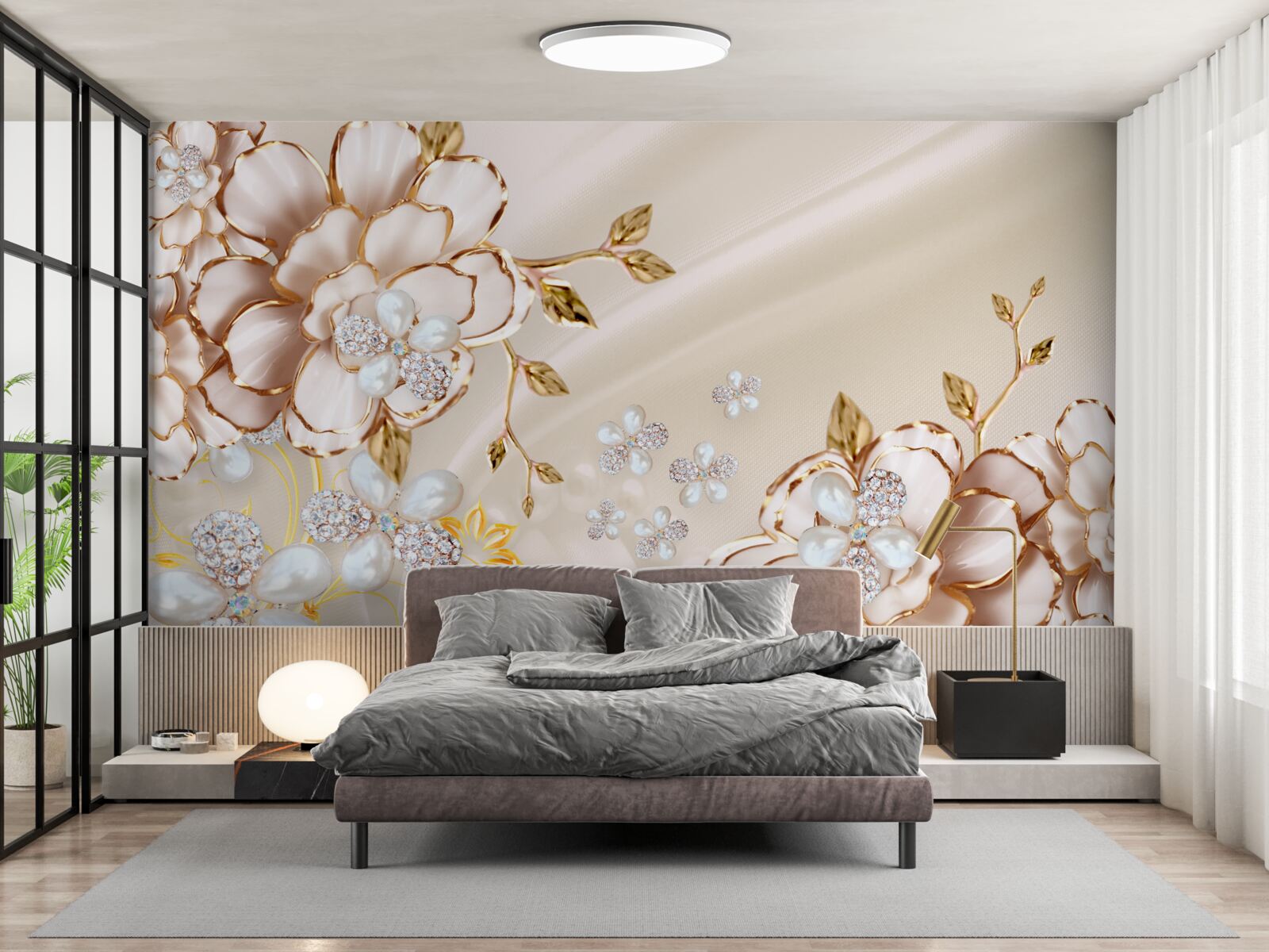 Papier peint les bourgeons de pivoine avec des perles et de l'or sont magnifiques