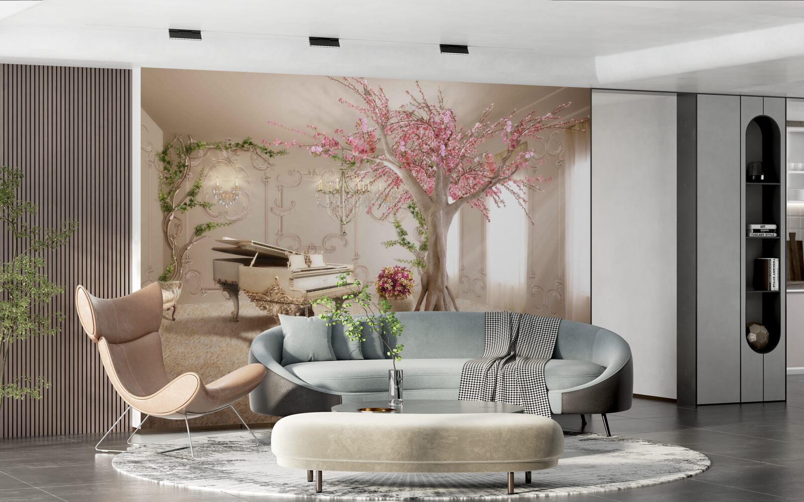 Papier peint salon magique avec arbre sakura
