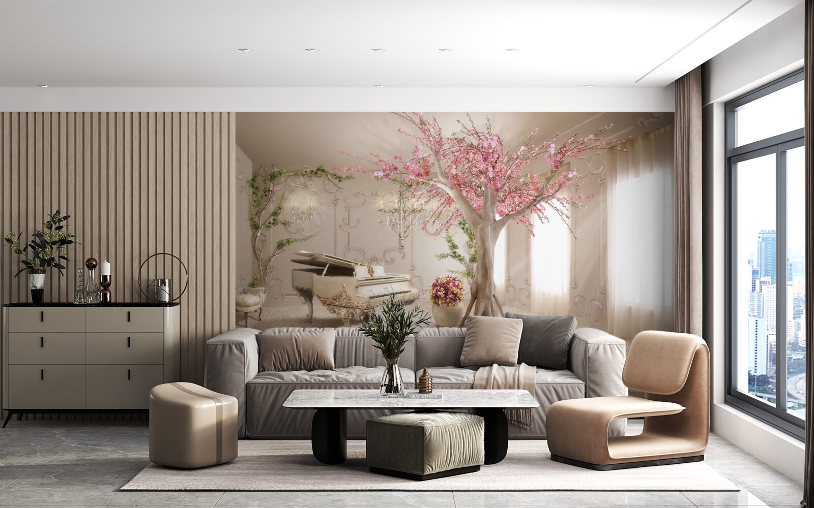 Papier peint salon magique avec arbre sakura