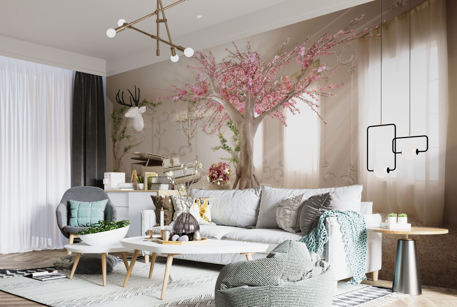 Papier peint salon magique avec arbre sakura