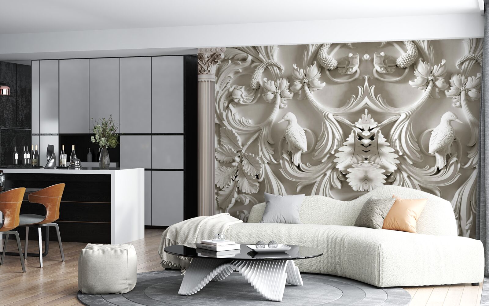 Papier peint détails volumétriques blancs sur le mur