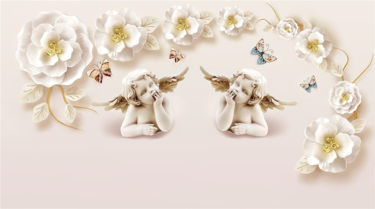 Papier peint une paire d'anges, des roses blanches et des papillons de nuit
