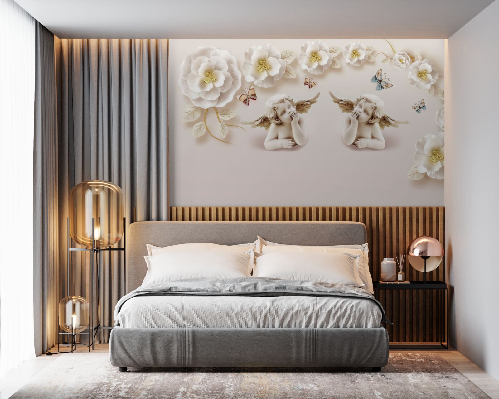 Papier peint une paire d'anges, des roses blanches et des papillons de nuit
