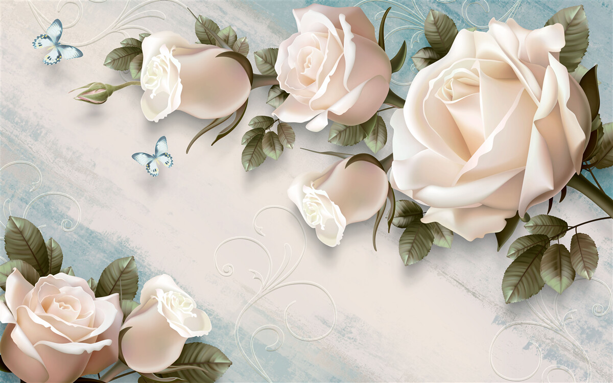 Papier peint roses crème tendre