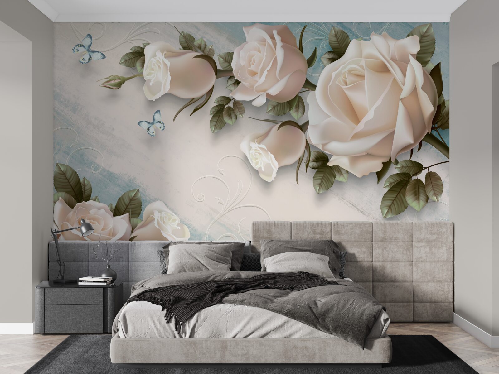 Papier peint roses crème tendre